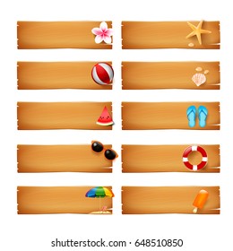 Collection of blank wood banner with summer icon element isolated on white background vector illustration eps10