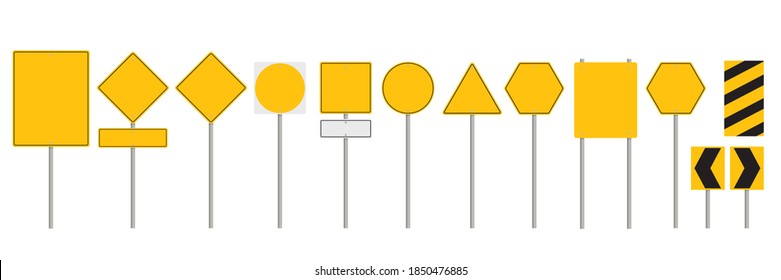 Collection of blank yellow road sign or Empty traffic signs isolated on white background