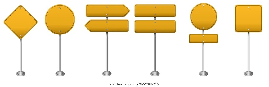 Coleção de sinais de estrada em branco amarelo em diferentes formas, perfeito para uso de personalização e design.