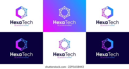 Colección de diseño del logo de Blockchain con punto abstracto, Cryptocurrency Hexagon, molécula y diseño gráfico del sistema de ilustración vectorial.