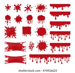 Collection Of Blood Drops And Stains. Vector Set Of Blots, Splash Liquid And Smudges. Abstract Red Splatter Isolated On White Background.