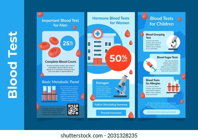 Collection of blood test vertical flyer vector flat illustration. Set of medical analysis for man, woman and children thyroid, hormones, estrogen discount templates. Advertising of medicine service