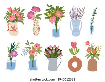 Collection of blooming flowers bouquets in vases isolated on white background