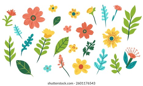 Collection of blooming flowers and leaves. Spring floral flat vector illustration on white background