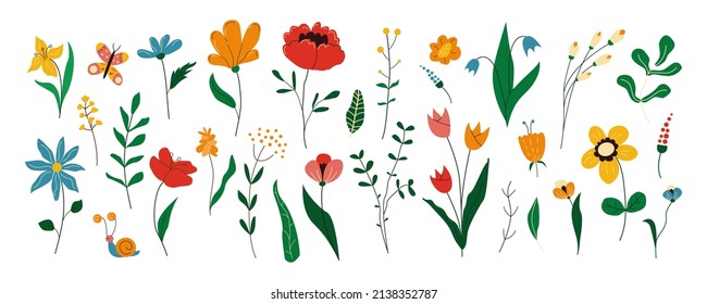 Collection of blooming flowers with leaves, twigs and berries. Spring fresh tulip, daffodil, lily of the valley, daisy flowers. Floral decoration for Easter, wedding, card, invitation. Vector