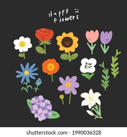 Collection of blooming flowers Set of decorative floral design elements. Flat cartoon vector illustration. 