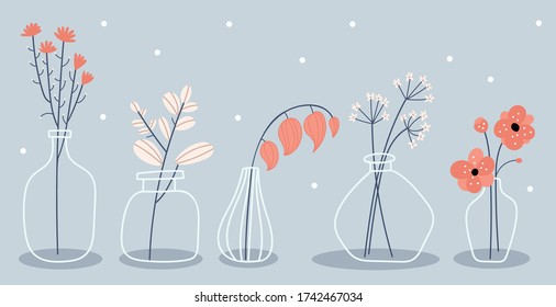 Collection  blooming flowers in vases and bottles.Set of decorative floral design elements.Flat cartoon vector illustration.