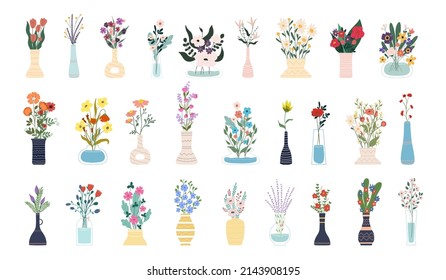 Collection of blooming flowers in vases and bottles isolated on white background. Set of decorative floral design elements. Flat cartoon vector illustration.