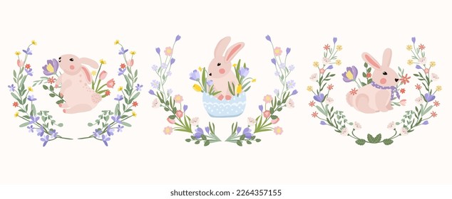 Collection of blooming wreaths and cute rabbit inside. Spring-summer flowering. Bright compositions for your design. Vector graphics.