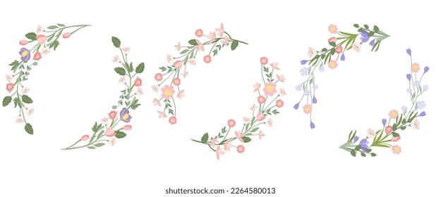 A collection of blooming wreaths in pastel colors. Spring - summer flowering. Bright wreaths are ideal for banners, posters, birthdays, weddings, etc. Vector graphics.