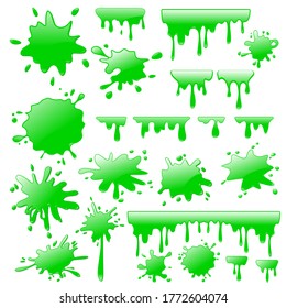 Colección de manchas, salpicaduras y manchas. Líquido verde. Ilustración del vector