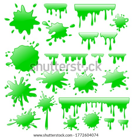 Collection of blots, splashes and smudges. Green liquid. Vector illustration