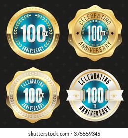Collection of blue 100th anniversary badges with gold border