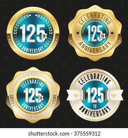 Collection of blue 125th anniversary badges with gold border