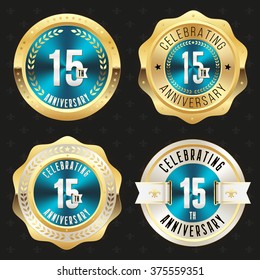 Collection of blue 15th anniversary badges with gold border