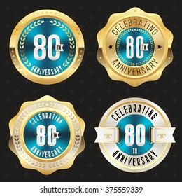 Collection of blue 80th anniversary badges with gold border