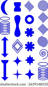 A collection of blue abstract geometric shapes on a transparent background, featuring spirals, stars, arrows, and symbols for use in contemporary design and digital artwork