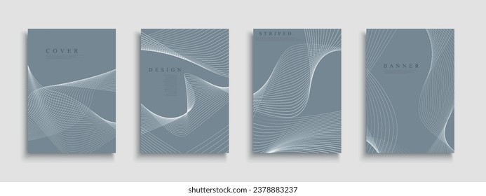 Kollektion von blauen abstrakten Covern, Vorlagen, Hintergründen, Plakaten, Broschüren, Bannern, Flyern usw. Stilvolle minimalistische Plakate - kreatives Design. Druck mit abgerundeten weißen Linien