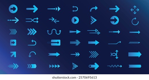 A collection of blue arrow icons on a dark background. Various arrow designs, including curved, straight, and directional arrows. Blue arrows in multiple styles. Element vector set.