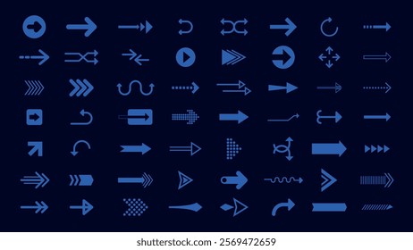 Collection of blue arrows on a dark background. Various arrow designs, including curved, straight, and circular arrows. Blue arrows for navigation and direction. Element vector set.