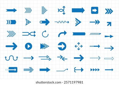 Collection of blue arrows in various styles on a grid background. Includes straight, curved, and dotted arrows. Arrows pointing in multiple directions. Element vector set.