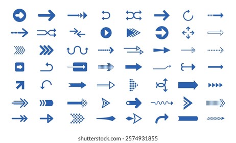 Collection of blue arrows in various styles and directions. Arrows pointing up, down, left, right. Diverse arrow designs for navigation and direction. Element vector set.