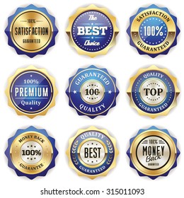 Collection of blue badges with gold border on white background