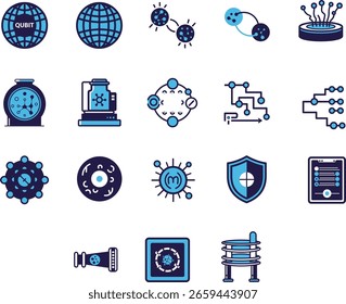 Colección de iconos azules y negros de ciencia y tecnología que representan la computación cuántica, virus, datos y seguridad.