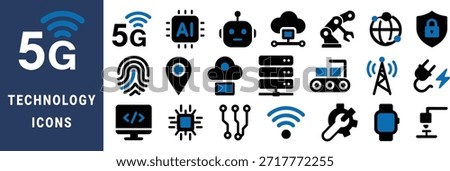 Collection of blue and black technology icons on dark blue background vector 1