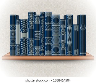 Collection of blue books on a bookshelf on a background of light wallpaper. Ornate book spines with space for text. Vector illustration