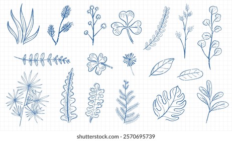 Collection of blue botanical sketches on grid paper. Features various leaves, flowers, and plants. Hand-drawn style with intricate botanical details. Cute leaf illustrations, vector set.