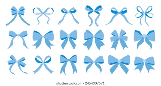 A collection of blue bows with varying sizes and shapes. The bows are all blue and are arranged in a row