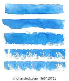 Collection of blue brushes. Blue grungy smears and strokes. Blue watercolor backgrounds