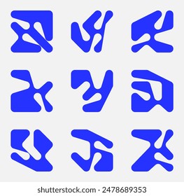 Collection of blue brutalism, geometric abstract shapes. Set of blue fluid liquid connected circle dots. Modern design for cards, invitation, branding, banner, poster
