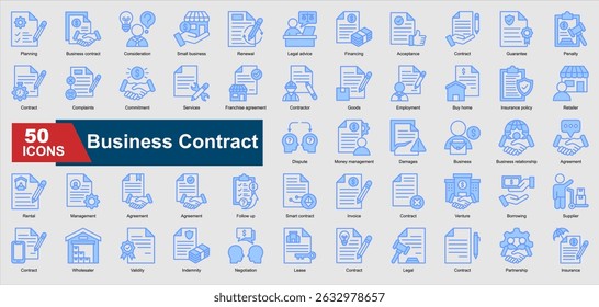 A collection of blue Business Contract icons. Includes agreement, negotiation, legal, invoice, franchise, and more. Perfect for illustrations and designs.