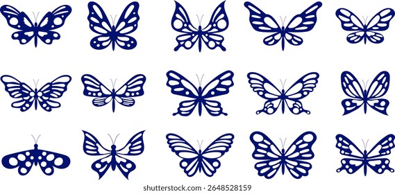 Collection of Blue Butterfly Silhouettes on White for Tattoo