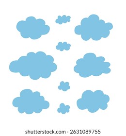 Collection of blue cartoon-style clouds vector illustration. Playful cloud shapes in various sizes on a white background.