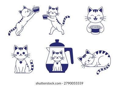 Collection of Blue Cat Cartoon Characters with Coffee Cups and Teapots Set