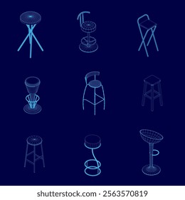 Collection of blue chairs and stools are shown in a blue background. The chairs and stools are all different shapes and sizes, with some having a more modern design