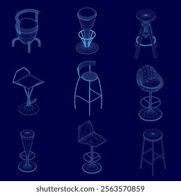 Collection of blue chairs and stools are shown in various positions. The chairs and stools are all different shapes and sizes, with some having curved backs and others having straight backs