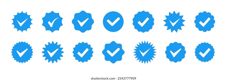 A collection of blue check mark badges in various shapes and designs, suitable for indicating approval or verification.