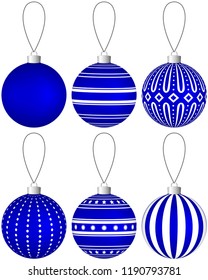 Collection of blue Christmas balls with pattern hanging on a thread. Vector EPS 10