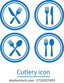 Eine Sammlung von blauen kreisförmigen Symbolen, die verschiedene Besteckkombinationen für das Essen und Essensthemen darstellen.

