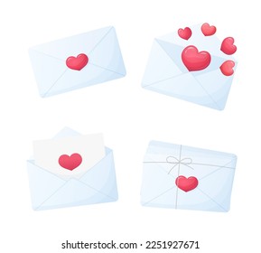 Collection of blue closed and open envelopes with pink hearts. Romantic love letters. Vector illustration.
