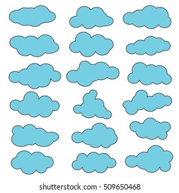 collection of blue clouds of different shapes on a white background