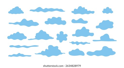 Collection of Blue Clouds in Various Shapes on Isolated White Background. Concept of Sky Elements, Weather Symbols, Nature Art, Cute Cloud Patterns, Minimalist, Atmospheric Design Elements. Set