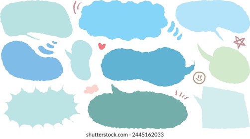 Collection of blue color cute dialog box. Hand drawn with crayon drawing memo sticker. Doodle style chat frame for text. Cartoon conversation balloon. Set of speech bubbles in flat for short message. 