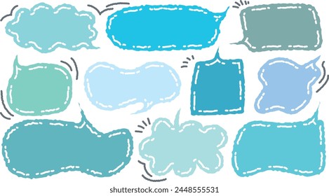 Collection of blue color cute dialog box. Hand drawn with crayon drawing memo sticker. Doodle style chat frame for text. Cartoon conversation balloon. Set of speech bubbles in flat for short message. 