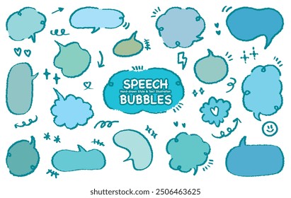 Collection of blue color cute dialog box. Hand drawn with crayon drawing memo sticker. Doodle style chat frame for text. Cartoon conversation balloon. Set of speech bubbles in flat for short message. 