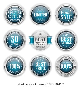 Collection of blue commercial badges with silver border